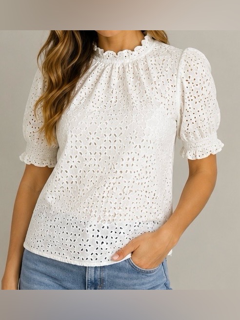 J. Crew White Eyelet Ruffle Neck Puff Sleeve Top Size Xs Cottagecore Top